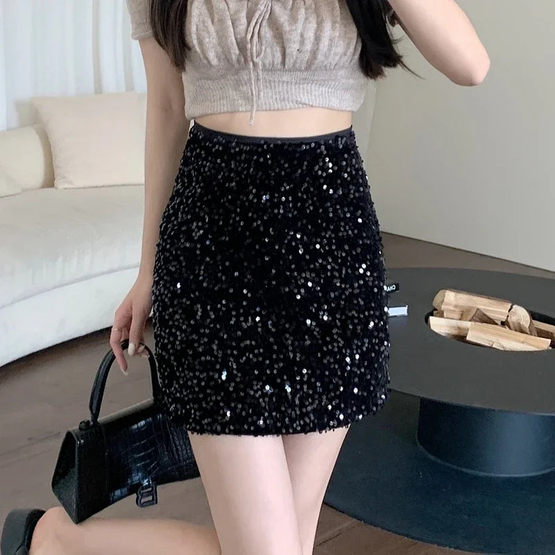 High Waist Sequined Casual A Line Skirts Women 2025 Elegant Korean Fashion Y2k Clothes Sweet Kawaii Black Micro Skirt Harajuku