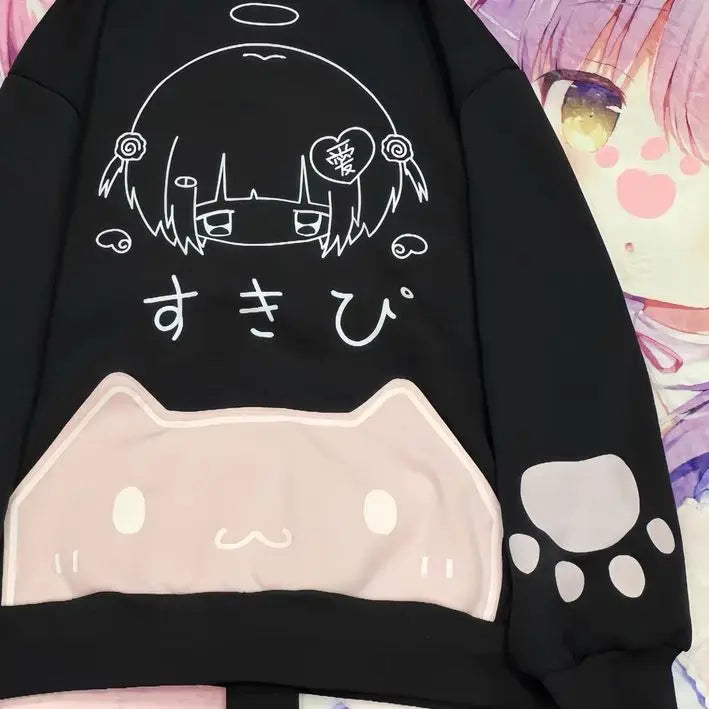 日本の漫画プリントフリースパーカー レディース 原宿ゴシック 猫耳 フード付き ヴィンテージ パーカー ストリートウェア Y2K 美的 スウェットシャツ
