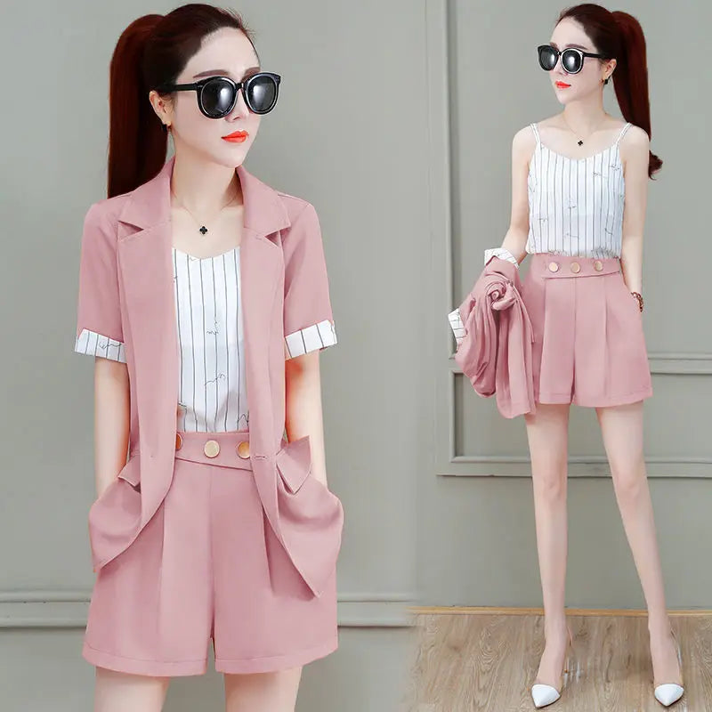 2025 Summer New Suit Jacket Shorts Suspenders Three-piece Women's Professional Wear Korean Fashion Blazers Coat Vest Pants Set