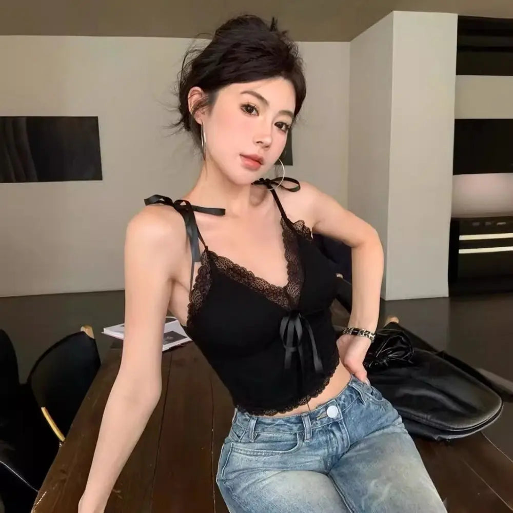 Sensually Innocent Style Ribbon Lace Camisole Slim Fit Ballet Summer Tube Top with Breast Pad INS Hip Hop Short Tank Women Girl