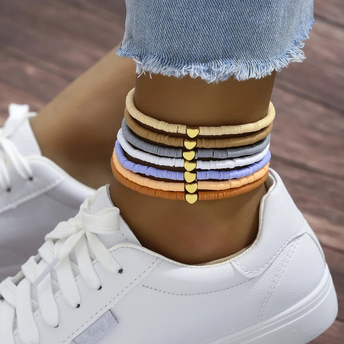 7Pcs Colorful Stackable Anklet Set For Women Heart Charm Soft Clay Pottery Layering Ankle Bracelet Girls Summer Beach Jewelry