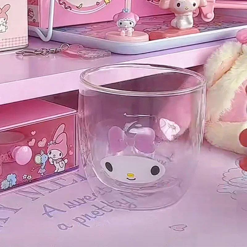 Sanrio Hello Kitty Cute Glass Cup Transparent Coffee Milk Water Cups Cinnamoroll Kuromi My Melody 300ml Student Milk Heat Gift