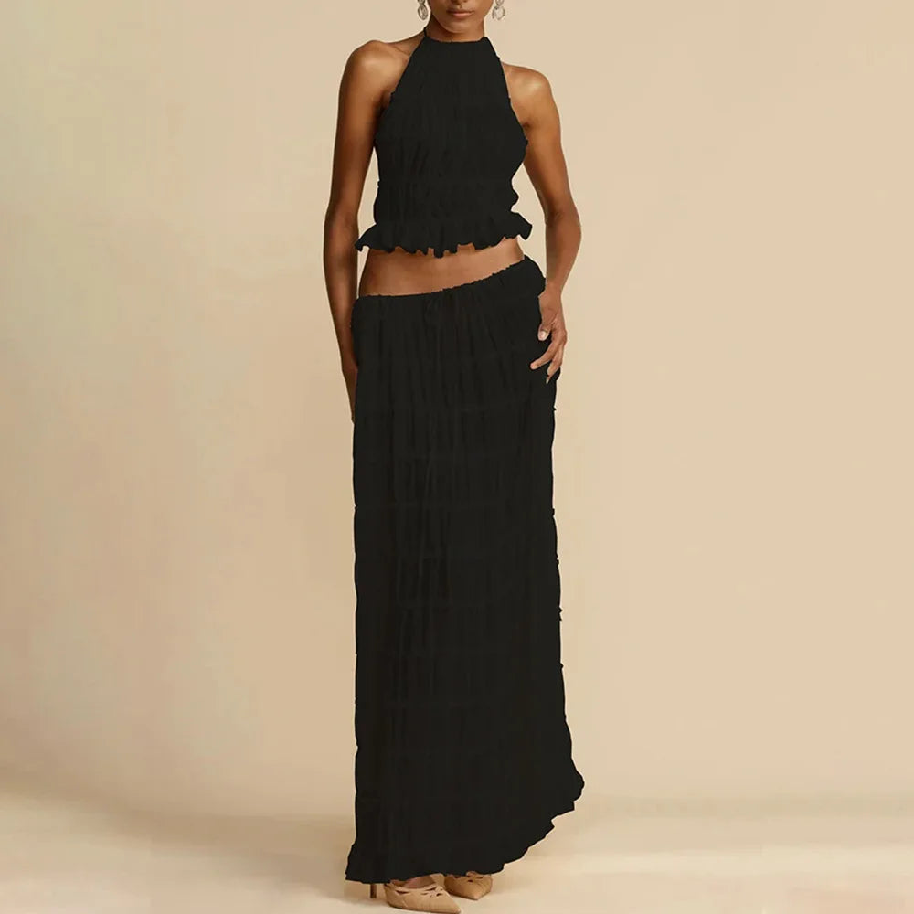 2024 Summer Party Elegant Women Beach Skirt Suit Sleeveless Backless Cropped Halter Lace Up Tops And Long Skirts Two Piece Sets
