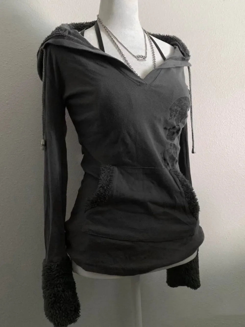 Y2K Retro Gray Pullover Lamb Wool Hooded Sweatshirt Women Clothes Harajuku Hot Girl Slim Sweatshirt Autumn Winter Goth Sexy Tops