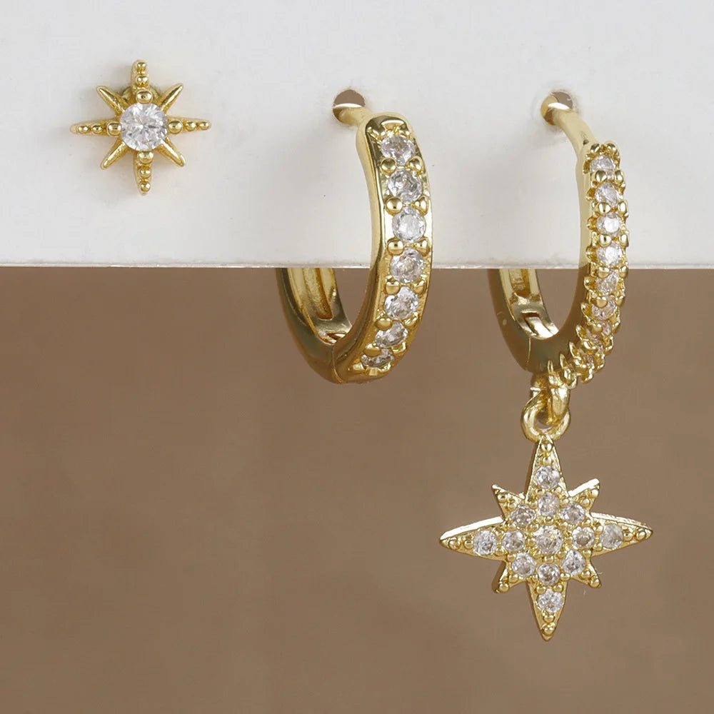3 Piece Fashion Stainless Steel Round Star Drop Earrings Set for Women 18K Gold Plated Dangle Earring Punk Unisex Rock Jewelry