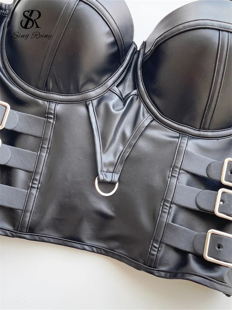 SINGREINY Sexy Cool Girl PU Leather Camis 2025 Fashion Black Backless Straps Tank Women American Retro Clubwear Slim Crop Tops