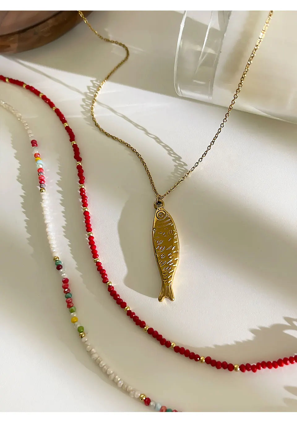 Peri'sbox Boho Colorful Acrylic Beaded Chain for Women 18K Gold Plated Solid Fish Pendant Necklace Waterproof Stackable Jewelry