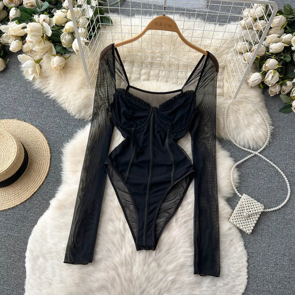 Women Sexy Mesh V Neck Slim Bodysuit Chic Long Sleeve Fashion Elastic Bodycone Jumpsuits Spring Autumn Hotsweet Gothic Playsuits