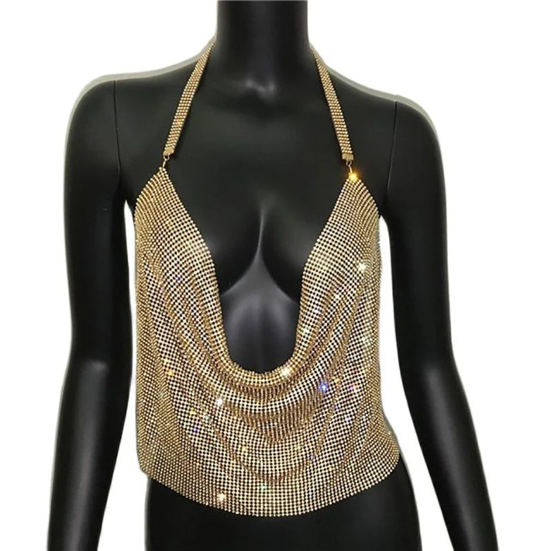 Festival Brilliant Rhinestone Backless Party Crop Top Women 2022 Summer Glitter Evening V Neck Diamonds Metal Tank Tops