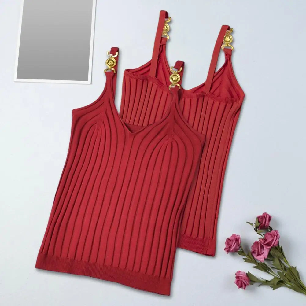 Women's Vest Solid Color Metal V Neck Backless Sleeveless Daily Wear Slim Striped Women's Summer Vest Women's Camisole Tops