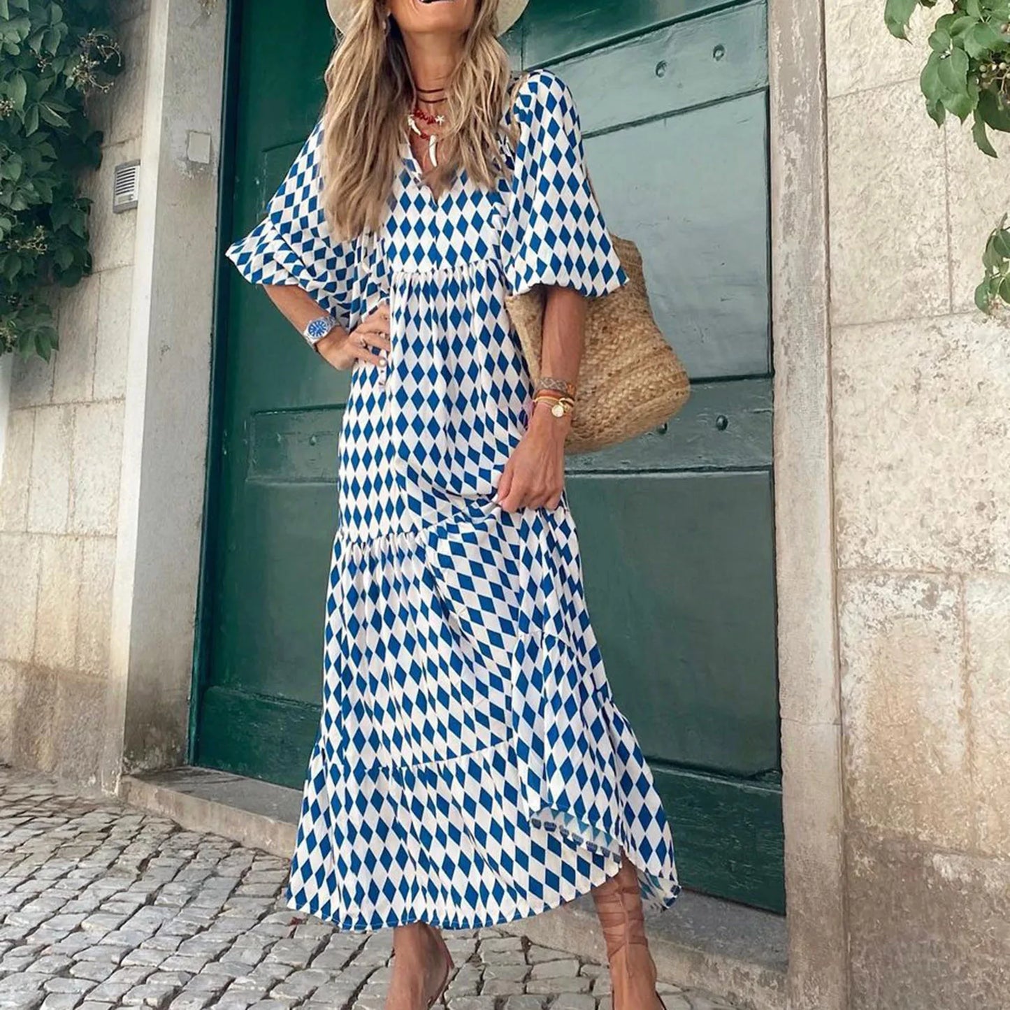 Women's Summer Casual Fashion Geometric Print Neckline Lace-up Bubble Middle-sleeves Ruffle Stitching Big Swing Long Losse Dress