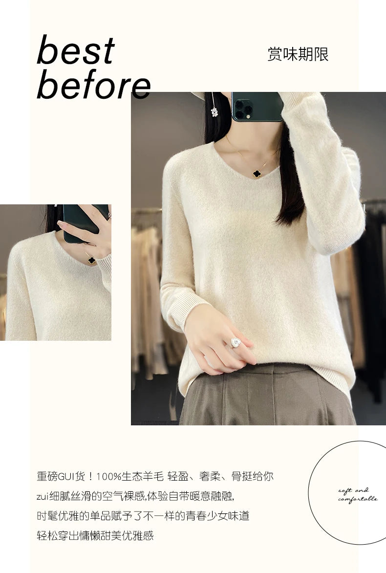 Women 100% Merino Wool Sweater V-Neck Basic Pullover Autumn Winter Cashmere Clothing Long Sleeve Soft Knitwear Tops Solid Color