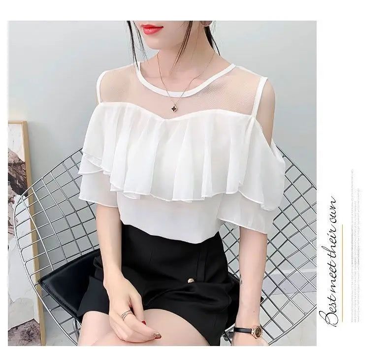 Off Shoulder Sexy Chiffon Blouses Women 2025 Summer Korean Fashion Clothes Ruffles Slim Sweet Ladies Casual Lace Tops Shirts Y2k