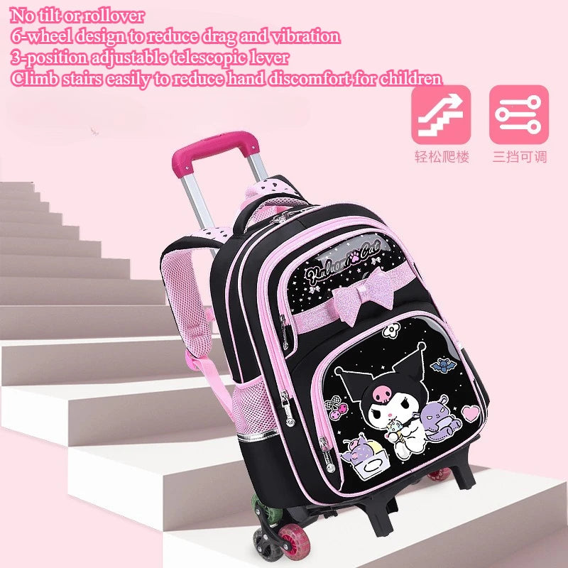 New Kuromi Trolley School Bag Melody Girls Trolley Bag Stationery Storage 2 Wheels/6 Wheels Telescopic Folding Climbing Floors