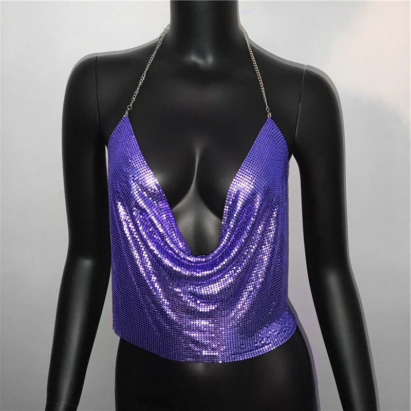 Festival Brilliant Rhinestone Backless Party Crop Top Women 2022 Summer Glitter Evening V Neck Diamonds Metal Tank Tops