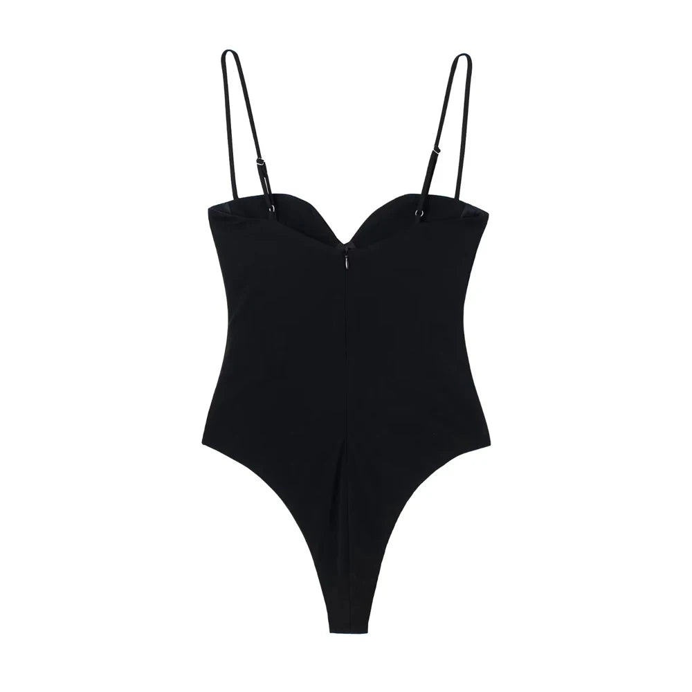 TRZA Women Sexy Fashion With Sweetheart Neck Draped Bodysuits Backless Zipper Thin Straps Female Playsuits Mujer