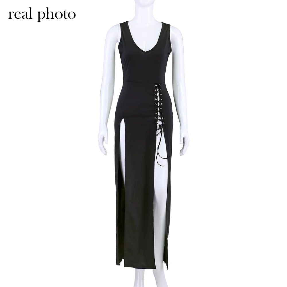 Goth Dark Gothic Coquette Sleeveless V-Neck Mid Dress Punk Sexy High Split Hem Corn Bandage Party Dresses Women Slim Streetwear