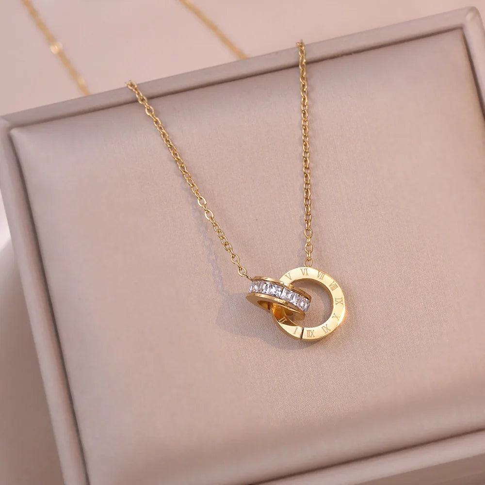 Luxury Elegant Crystal Circle Choker Fashion Roman Digital Stainless Steel Gold Silver Color Pendant Necklaces for Women Jewelry