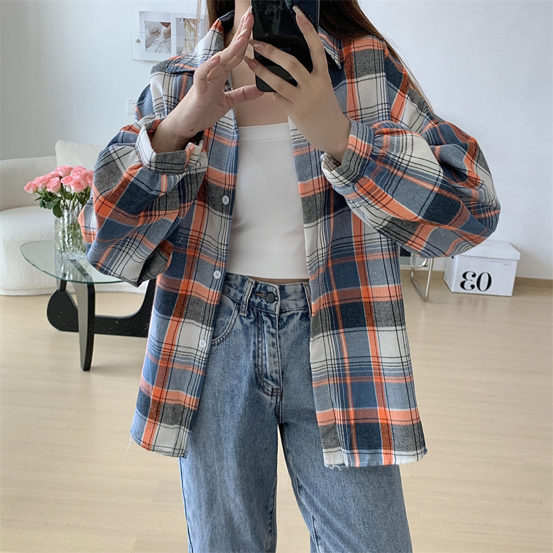 Women Tartan Shirt Long Sleeve Collared Button Up Oversized Plaid Shirt Jacket Grunge Fashion Teenage Girl Spring Summer Outfit