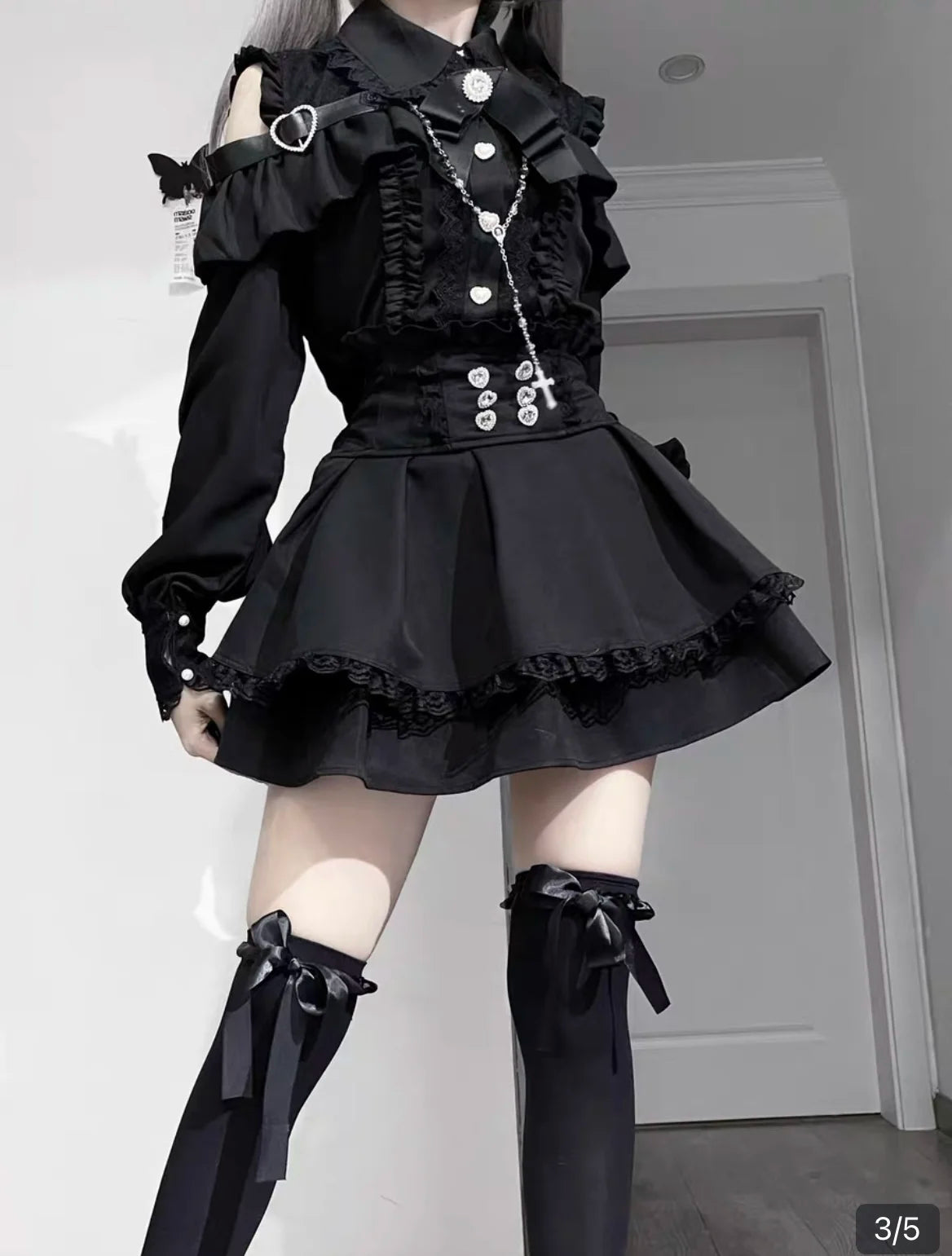 Kawaii Off Shoulder Long Sleeve Shirts Women Black Short Skirt Set Y2K Gothic Ruffle Skirts Lace Lolita Shirt Gown Suit 
