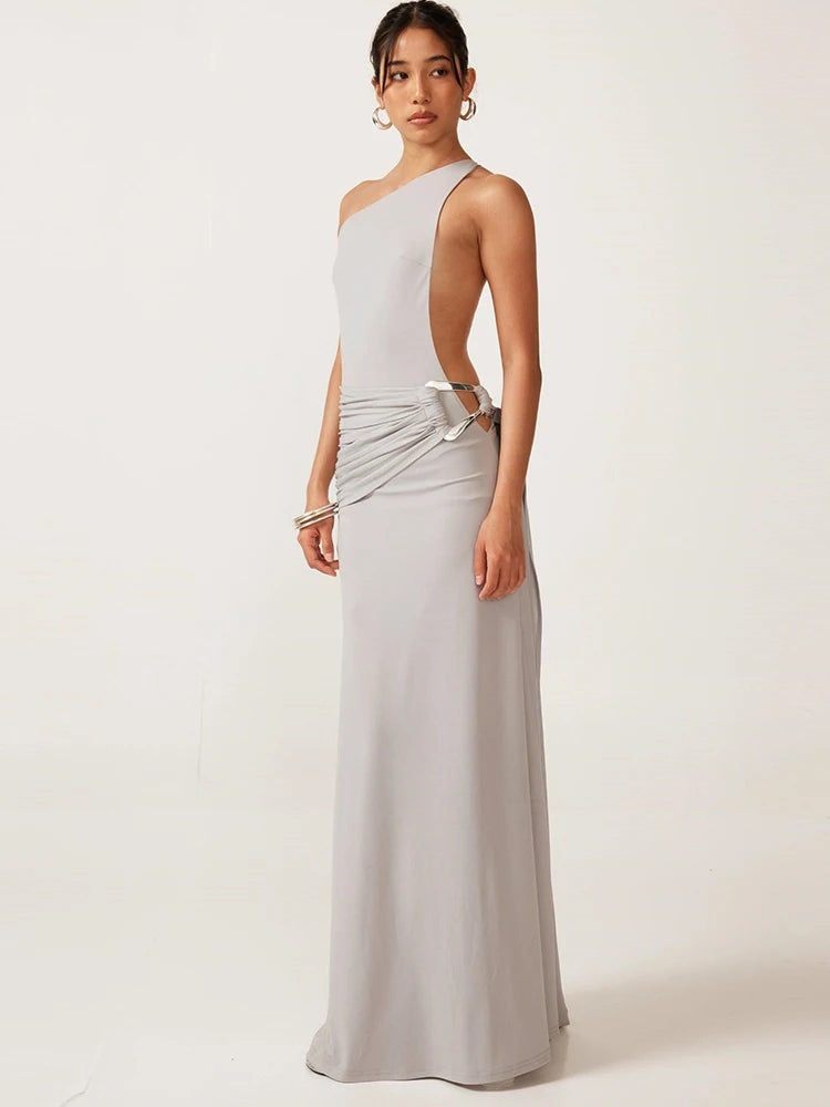 Sibybo Oblique Shoulder Sleeveless Ruched Maxi Dress For Women Gown Elegant Metal Rings Backless Bodycon Long Dresses Vestidos
