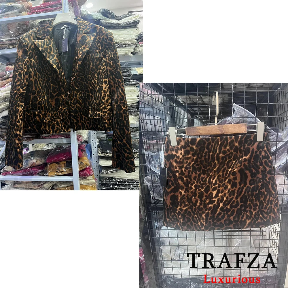 TRAFZA ヴィンテージ レディース ヒョウ柄 スーツ ボタン ショート ブレザー ストレート ミニスカート ショート ファッション 2025 春 オフィスウェア セット