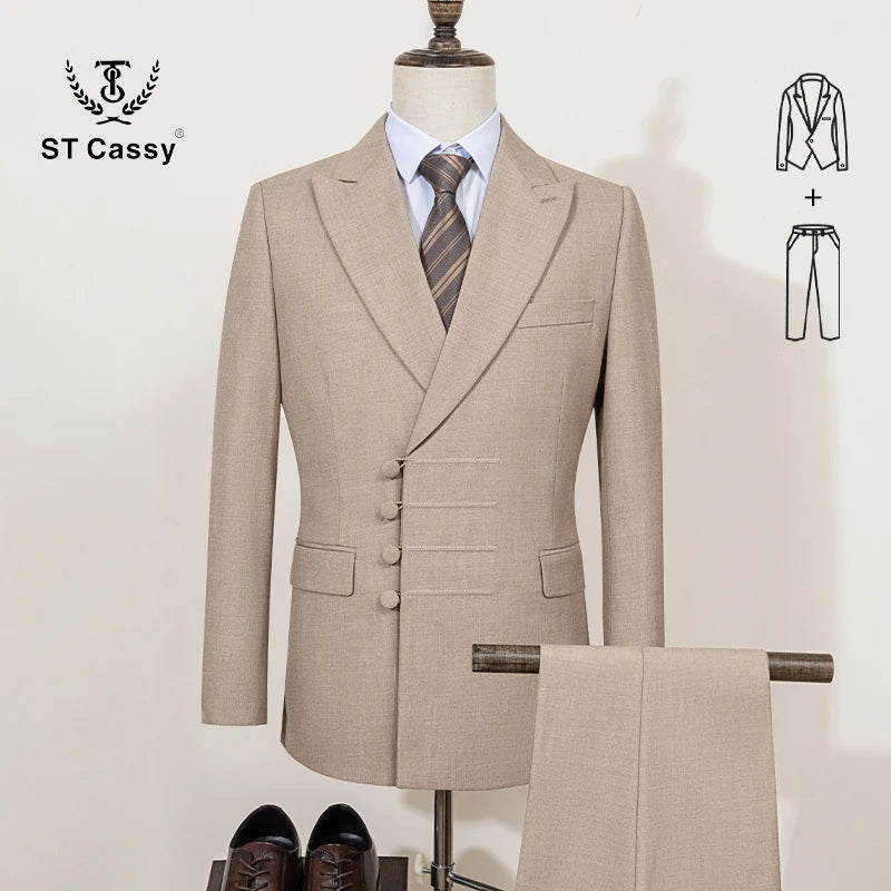 ST Cassy Elegant man suit for wedding peach Slim Fit Double Breasted Multiple buttons Casual Business man 2 piece outfit set