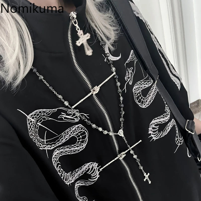 ストリートウェア パンク パーカー コート レディース 服 プリント ジッパー 半袖 スウェットシャツ カジュアル ファッション 夏 オーバーサイズ パーカー Y2K トップス
