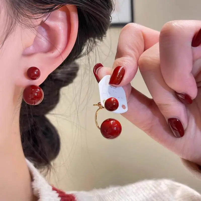 925 Silver Needle Korean Vintage Brown Pearl Earrings For Women Jewelry 2025 Trending New Luxury Women's Red Ball Earrings gifts