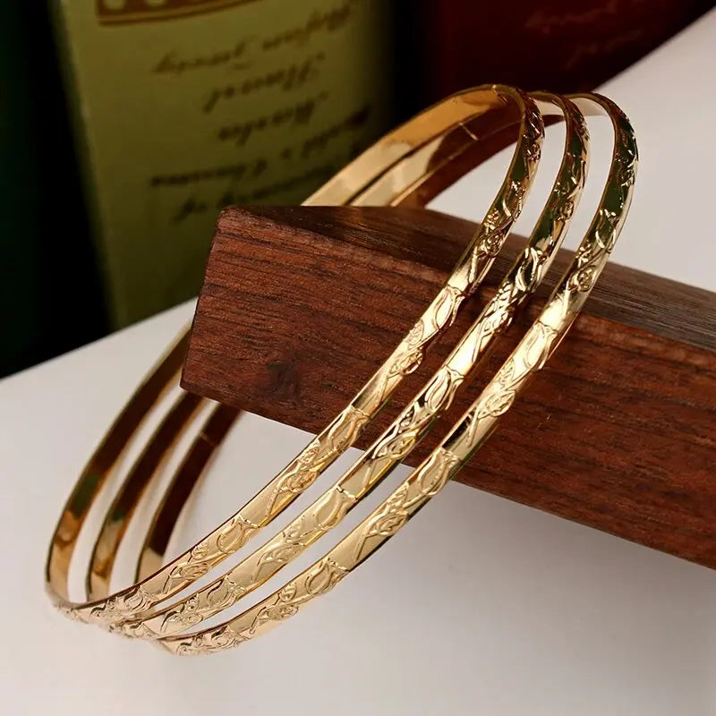 Herseygold Slim Metal Bangles Gold Plated Carved Flower Layered Cuff Bracelet Luxury Bride Jewelry Ethnic Mother Day Gift
