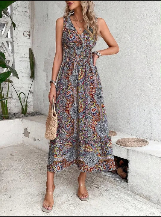 New Fashion Elegant High Waisted Sleeveless Boho Dress Summer Women Print V Neck Casual Long Dresses For Women Robe Femme