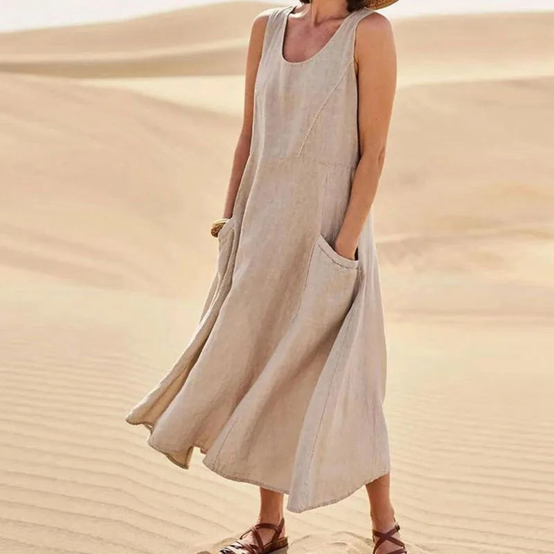 Chic Women Coton Linen Sundress Summer Female Sleeveless Double Big Pocket Loose Sand Beachwear Long Dress Oversized Vestidos
