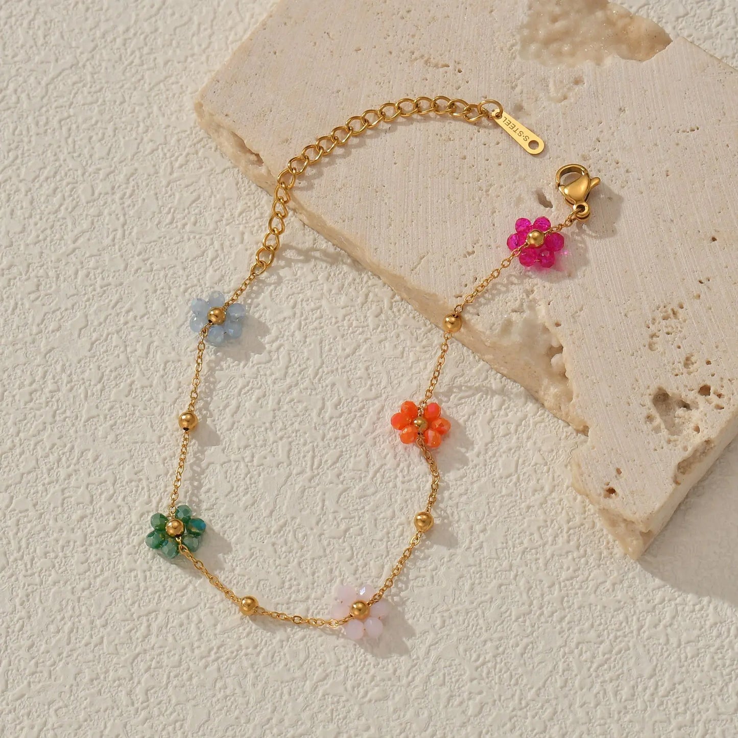 Freeteeme Fashion Colorful Flower Bracelet for Women Girls Stainless Steel Jewelry Gold Color Beads Chain Valentine's Day Gift
