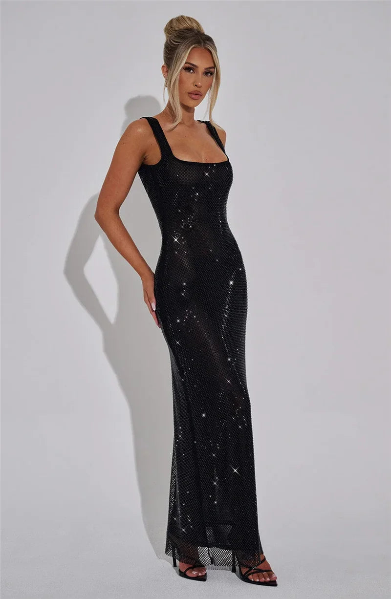 Mozision Sequins Backless Sexy Maxi Dress For Women Gown Fashion Sparkle Square Collar Sleeveless Bodycon Club Long Dress