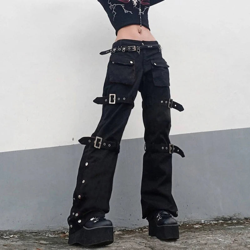 2022 trend Women Black Cargo Jeans with Multi Pockets Metal Buckle Belt Straight Trousers