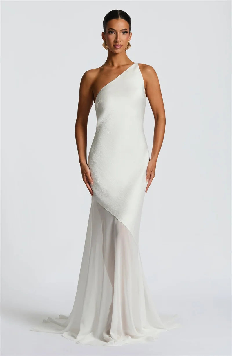 Mozision One Shoulder Backless Sexy Maxi Dress Women Gown Fashion Patchwork Sleeveless Bodycon Club Party Long Dress Elegant
