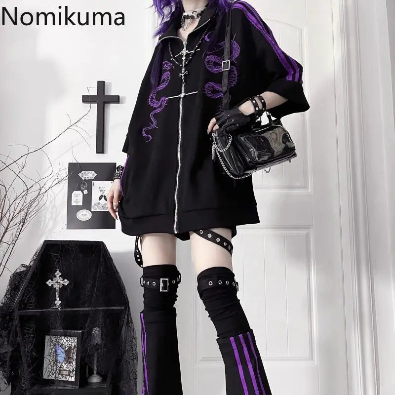 ストリートウェア パンク パーカー コート レディース 服 プリント ジッパー 半袖 スウェットシャツ カジュアル ファッション 夏 オーバーサイズ パーカー Y2K トップス