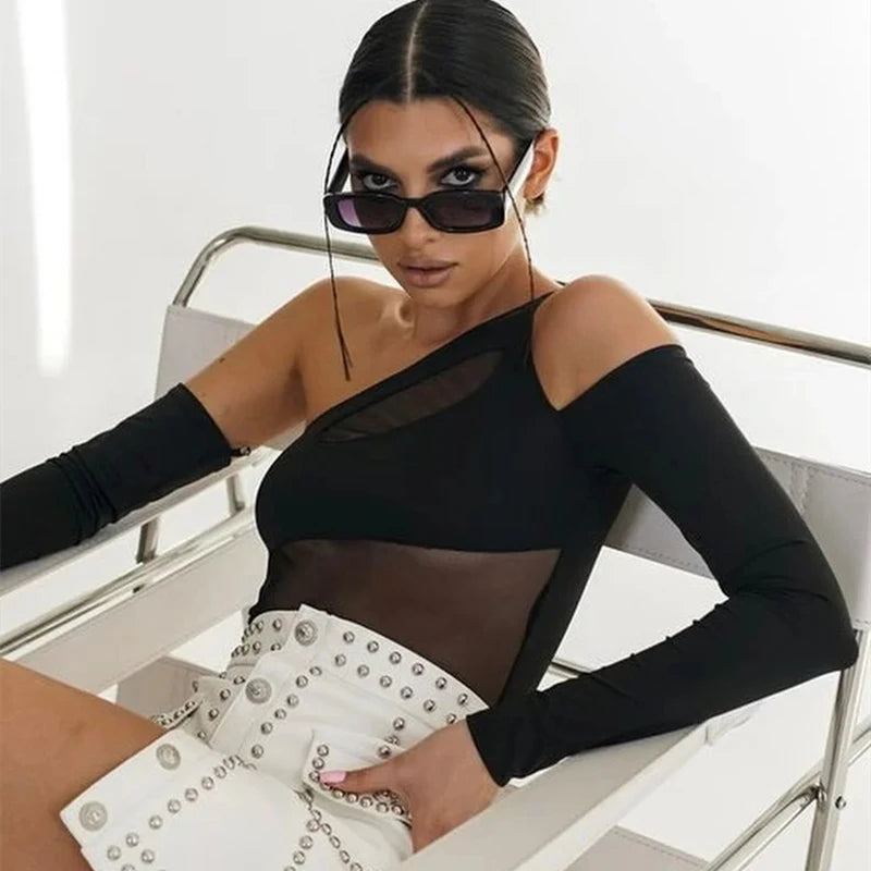 WhereMery Sexy Hollow Out See Through Mesh Bodysuit Women's Off Shoulder Long Sleeve Skinny T Shirts Gothic Aesthetic Bodysuits