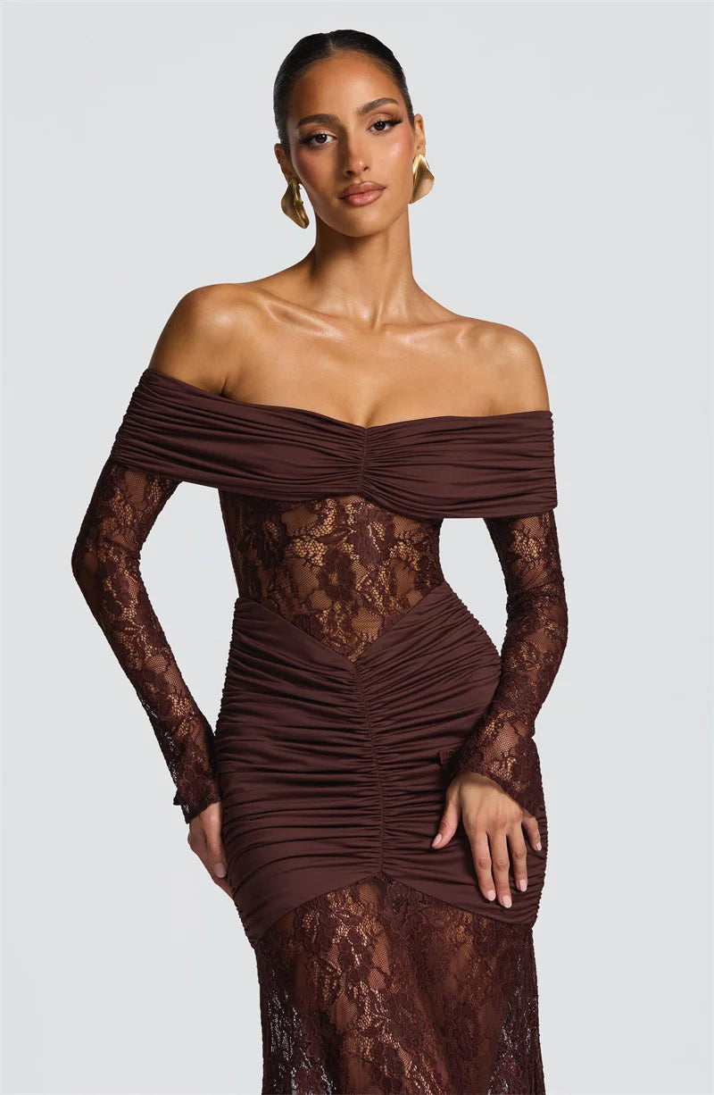 Mozision Off-shoulder Long Sleeve Sexy Maxi Dress Women Fashion Lace See Through Strapless Backless Bodycon Club Party Dresses