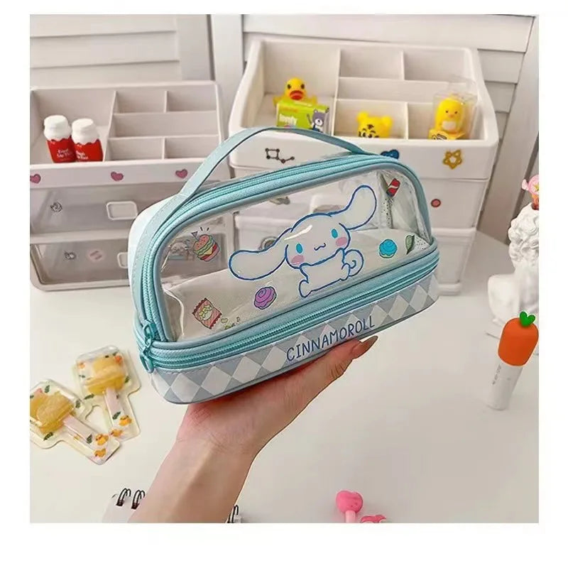 Cartoon Hello Kitty Pencil Case Cute Sanrio Kuromi Large Capacity Double Layer Multifuntion Portable Pen Cosmetic Bag Kids Gift