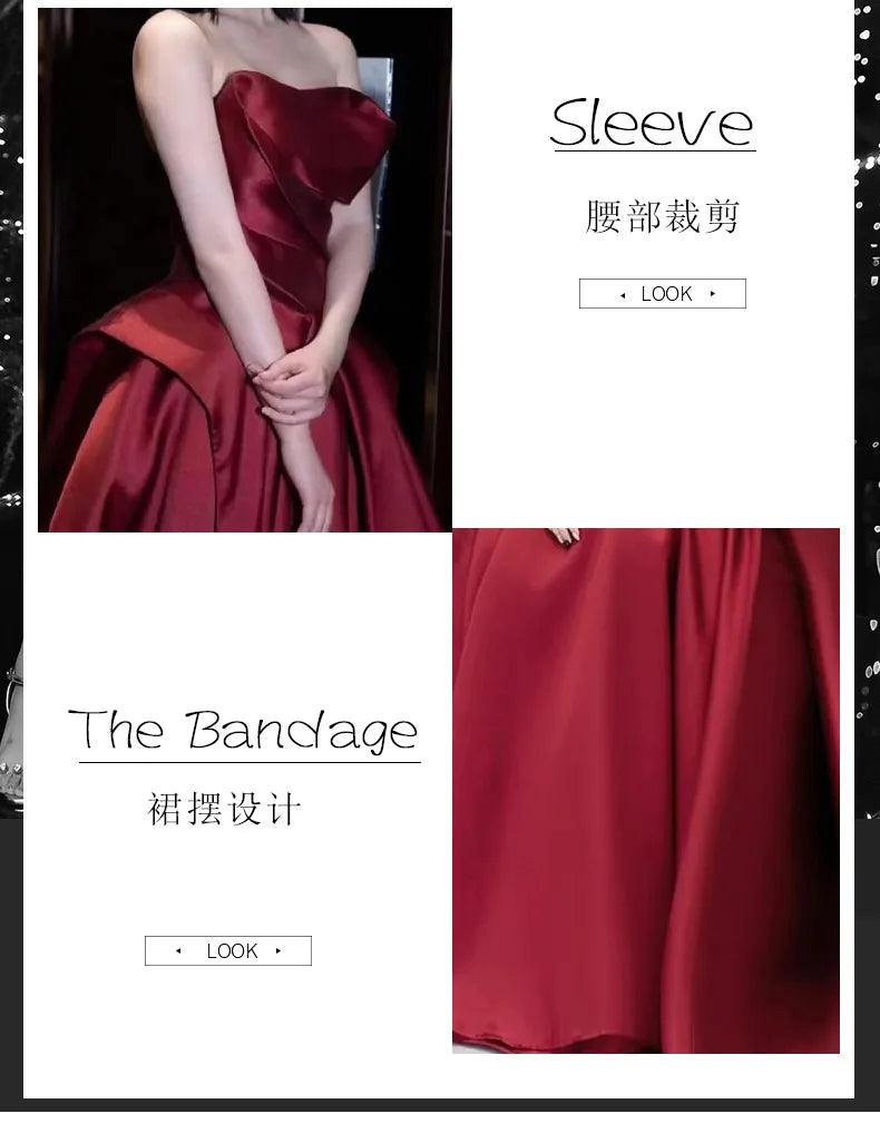 party dresses women evening satin strapless host evening dress female banquet temperament bride toast wine red black prom dress