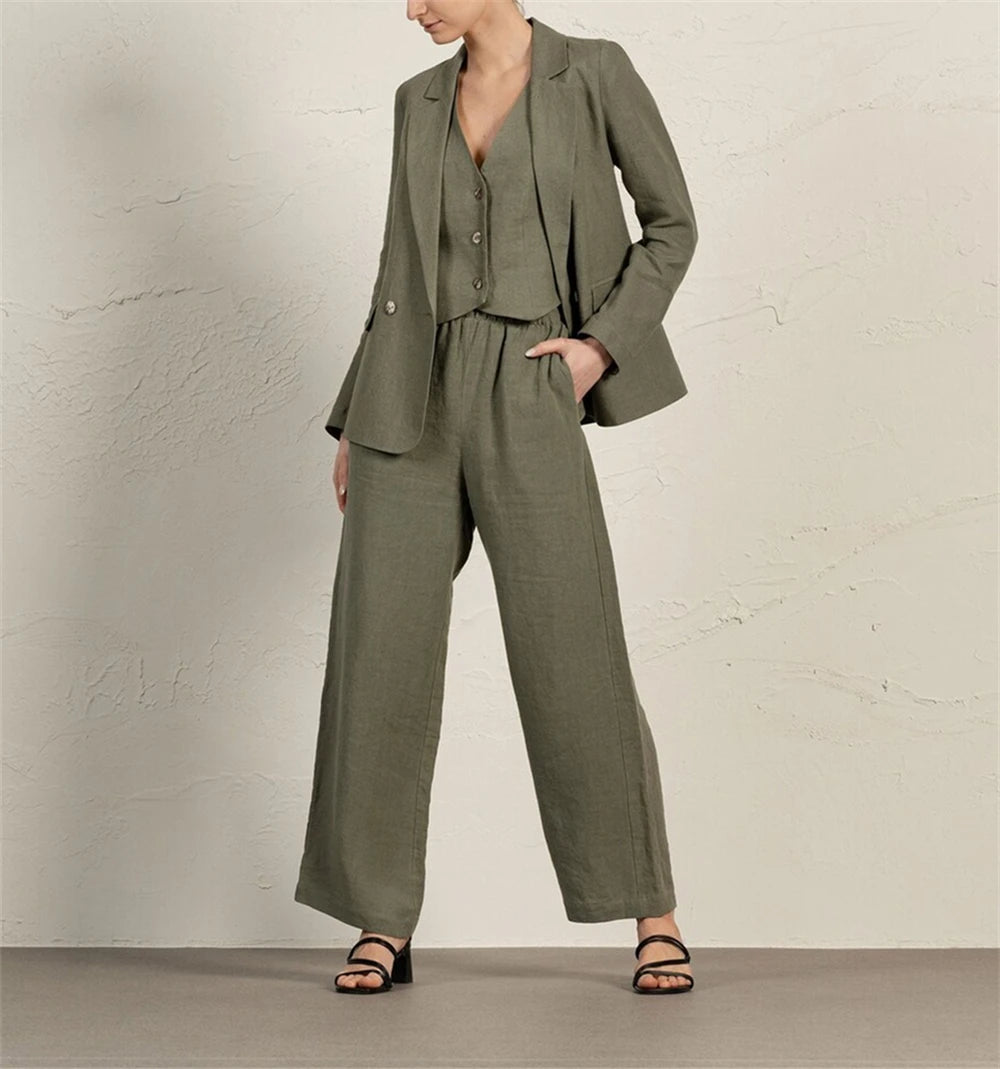 Summer Women's Suit 3 Pcs Linen Lady Business Office Suits Slim Fit Womens Tuxedo Casual Suits 2025 (Blazer +Vest +Pants)