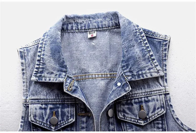 Women Denim Vest Jacket New Autumn Embroidery Beads Sleeveless Vintage Hole Jeans Vest Jacket Overcoat Female Tops Waistcoat