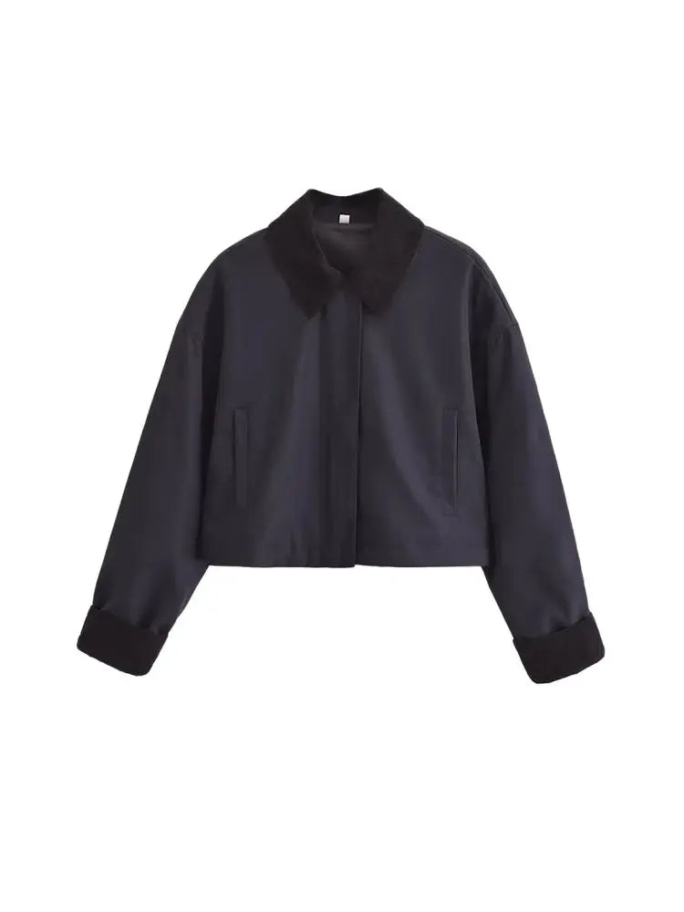 TRZA Women Fashion Patchwork Corduroy Cropped Jacket Coat Long Sleeve Front Zipper Female Outerwear Chic Tops