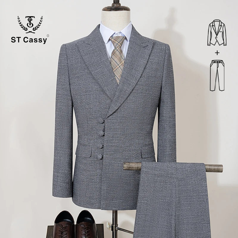 ST Cassy Elegant man suit for wedding peach Slim Fit Double Breasted Multiple buttons Casual Business man 2 piece outfit set