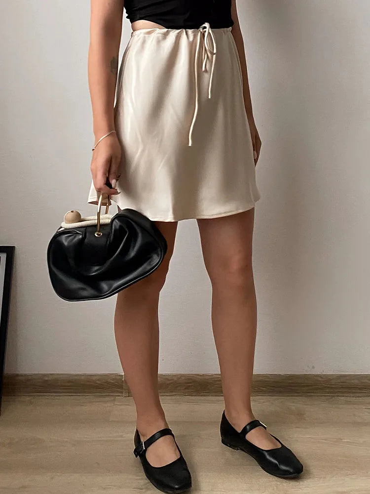 Satin Mini Skirts Women Summer Beige Silk Short Skirt For Woman Drawstring High Waist Black Satin Skirt A Line Women Short 2025