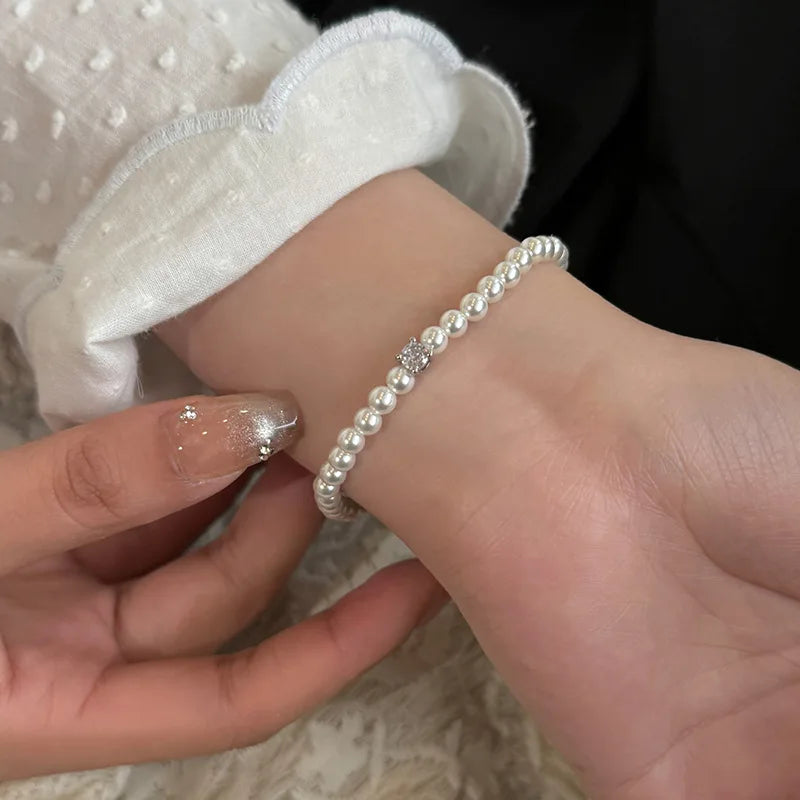 French Retro Single Zircon Pearl Bracelet for Women Simple Handmade Beaded New Elegant Luxury Jewelry Birthday Gifts for Female