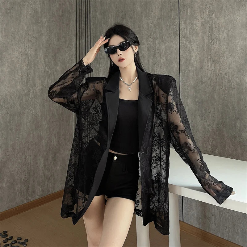 Women Clothing Summer Thin Jackets 2025 Ropa Mujer Patchwork Lace Temperament Coat Sexy Y2k Tops See Through Oversized Outwear