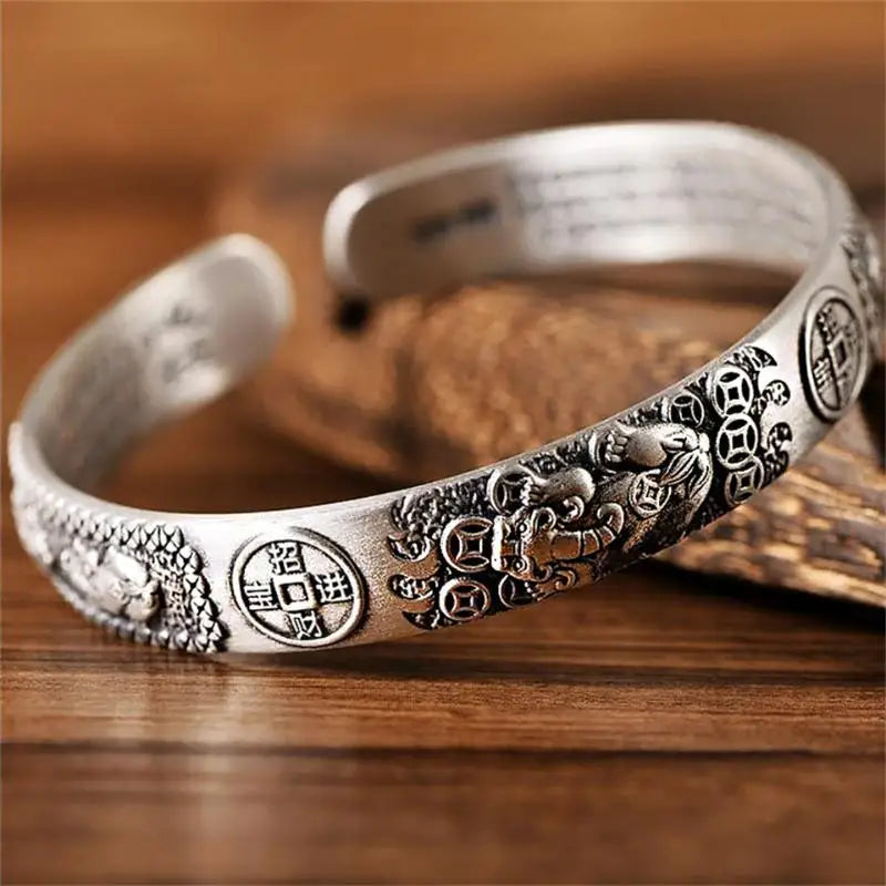 Thai Silver Tune-bringing Pixiu Copper Coin Men Bracelet Domineering Men Personality Heart Sutra Hand Ring Birthday Gift Jewelry