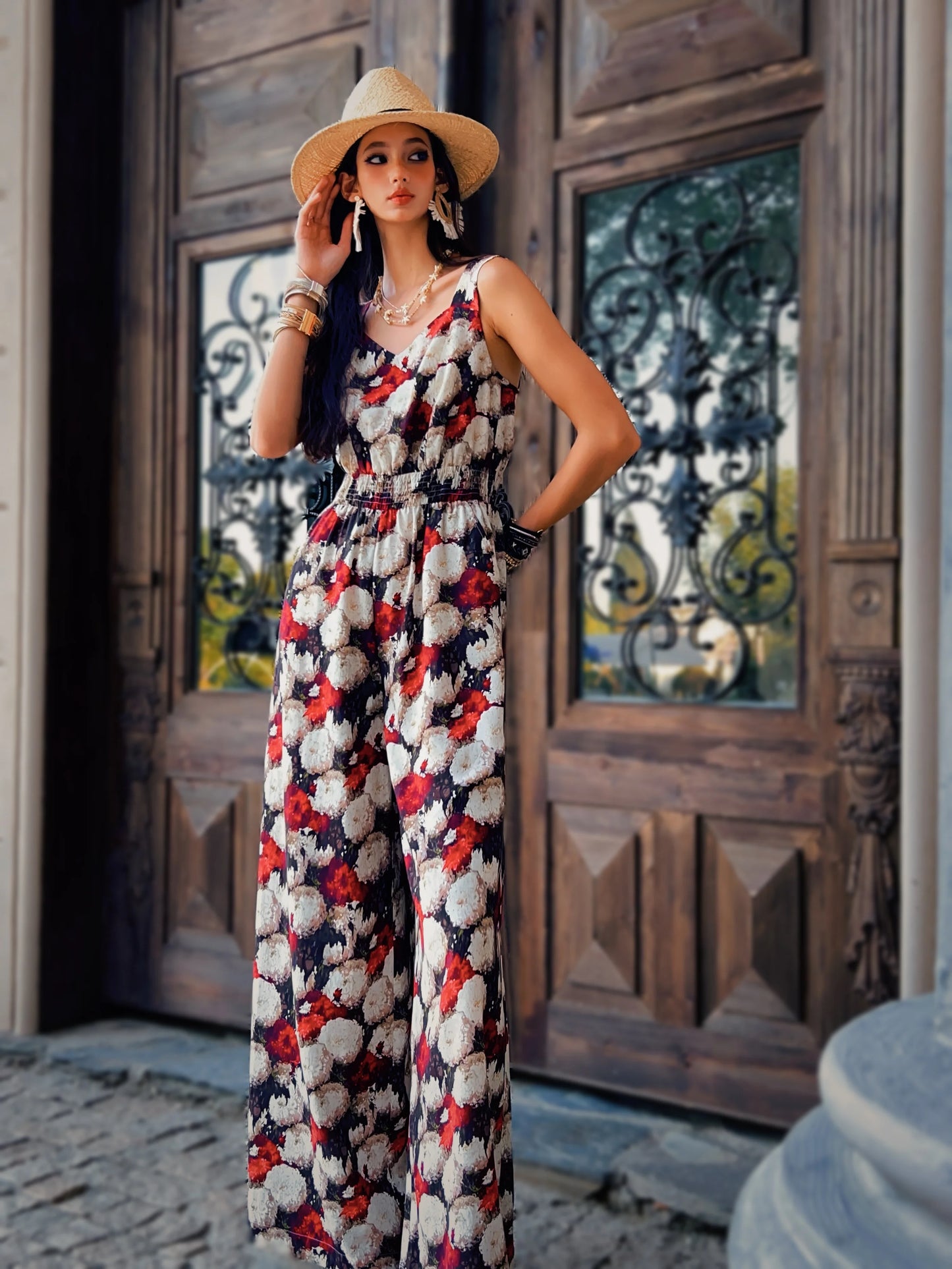 Summer Print Tencel Jumpsuits Women's Clothing Tank Spaghetti Strap+Wide-Leg Pants Draped Full Length Y2K DABUWAWA DM2BJP005